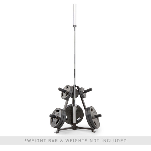 Marcy 6-Peg Olympic Weight Plate Tree Vertical Bar Holder PT-5757 with plates and barbell